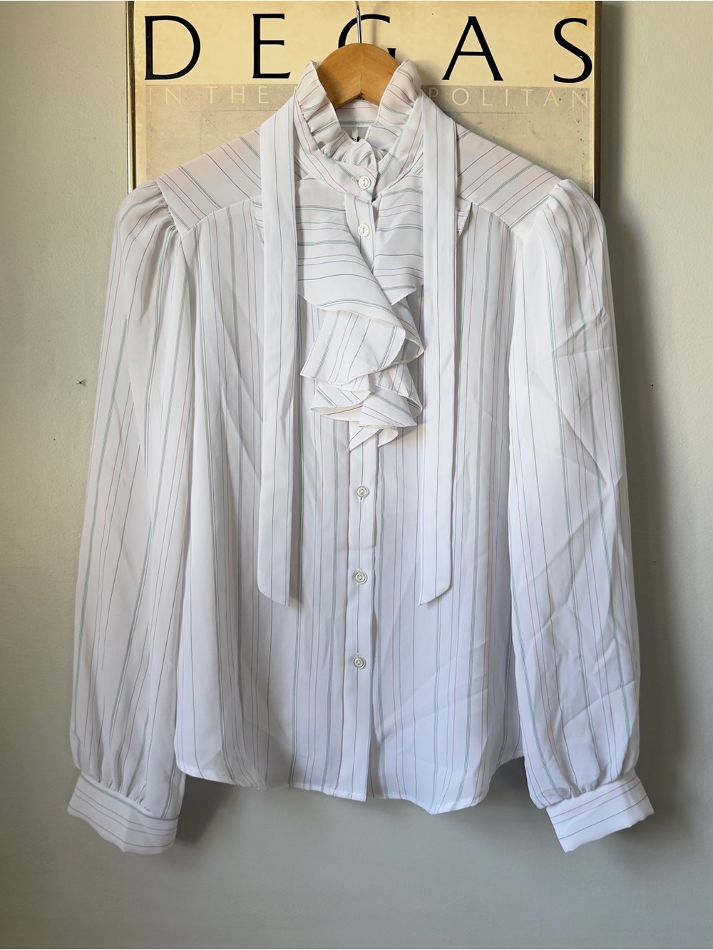 Vintage Ruffle Bow Tie Neck Secretary Blouse Womens S Coquette Office Siren 80s